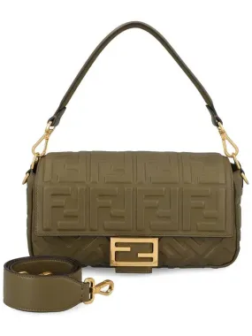 Baguette FF Embossed Nappa Leather Shoulder Bag Green