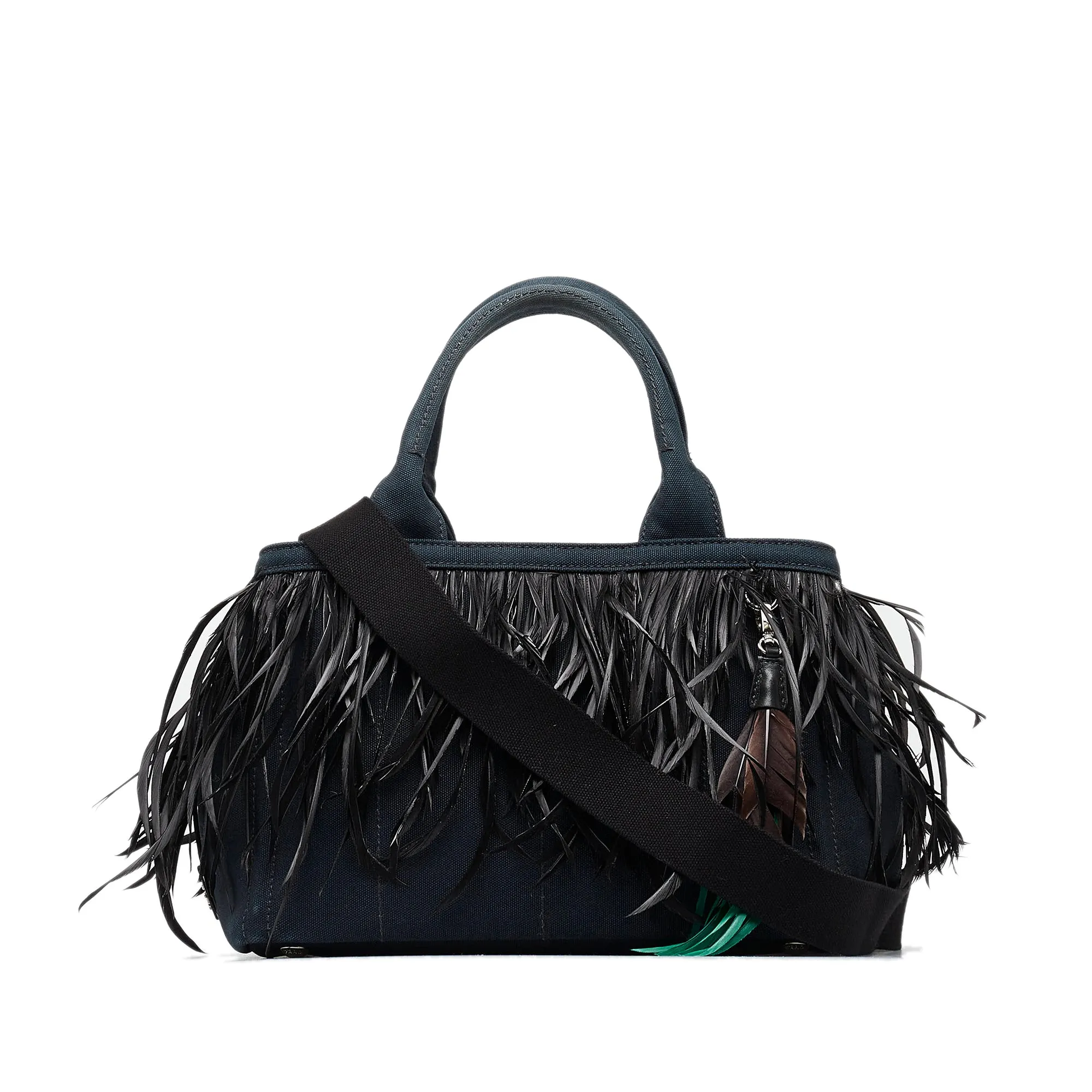 Black Prada Mini Canapa Convertible Canvas and Feather Tote Satchel