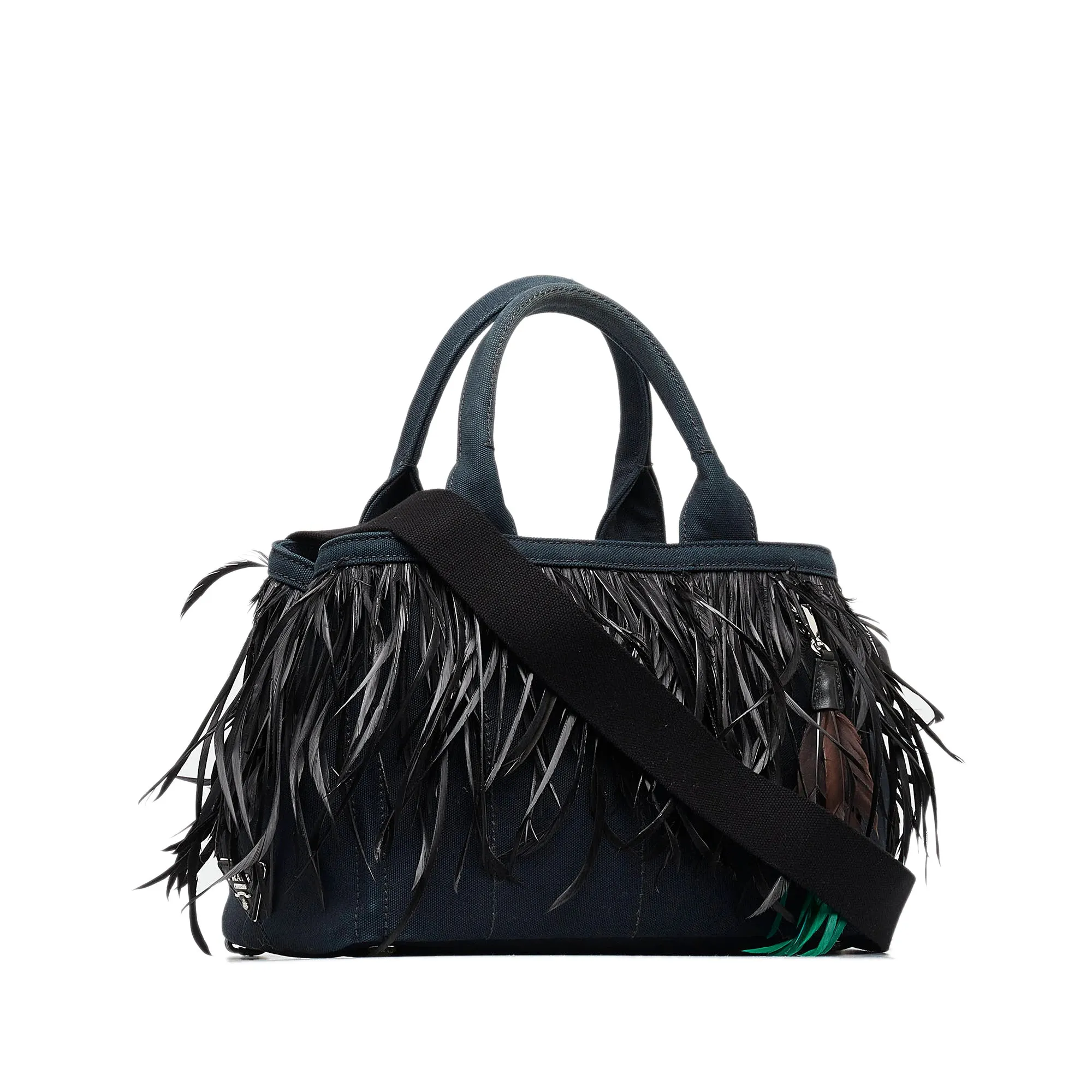 Black Prada Mini Canapa Convertible Canvas and Feather Tote Satchel