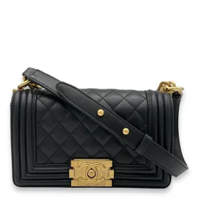 Boy Small Black Crossbody Bag in Calfskin, Brushed Gold hardware