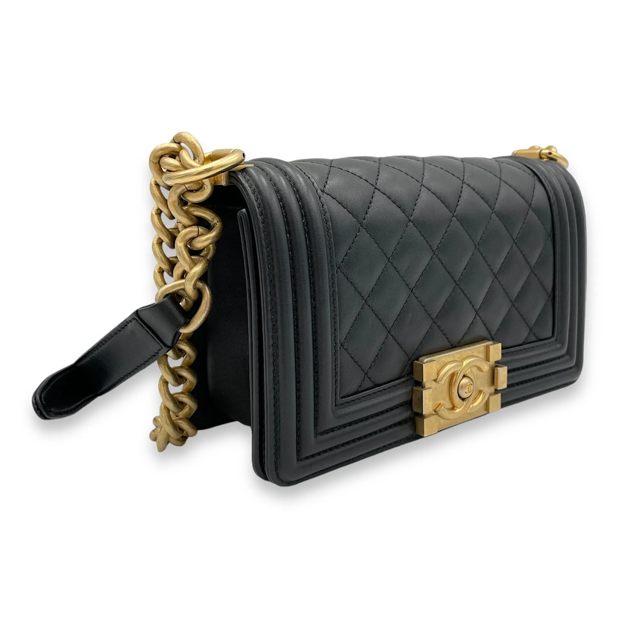 Boy Small Black Crossbody Bag in Calfskin, Brushed Gold hardware