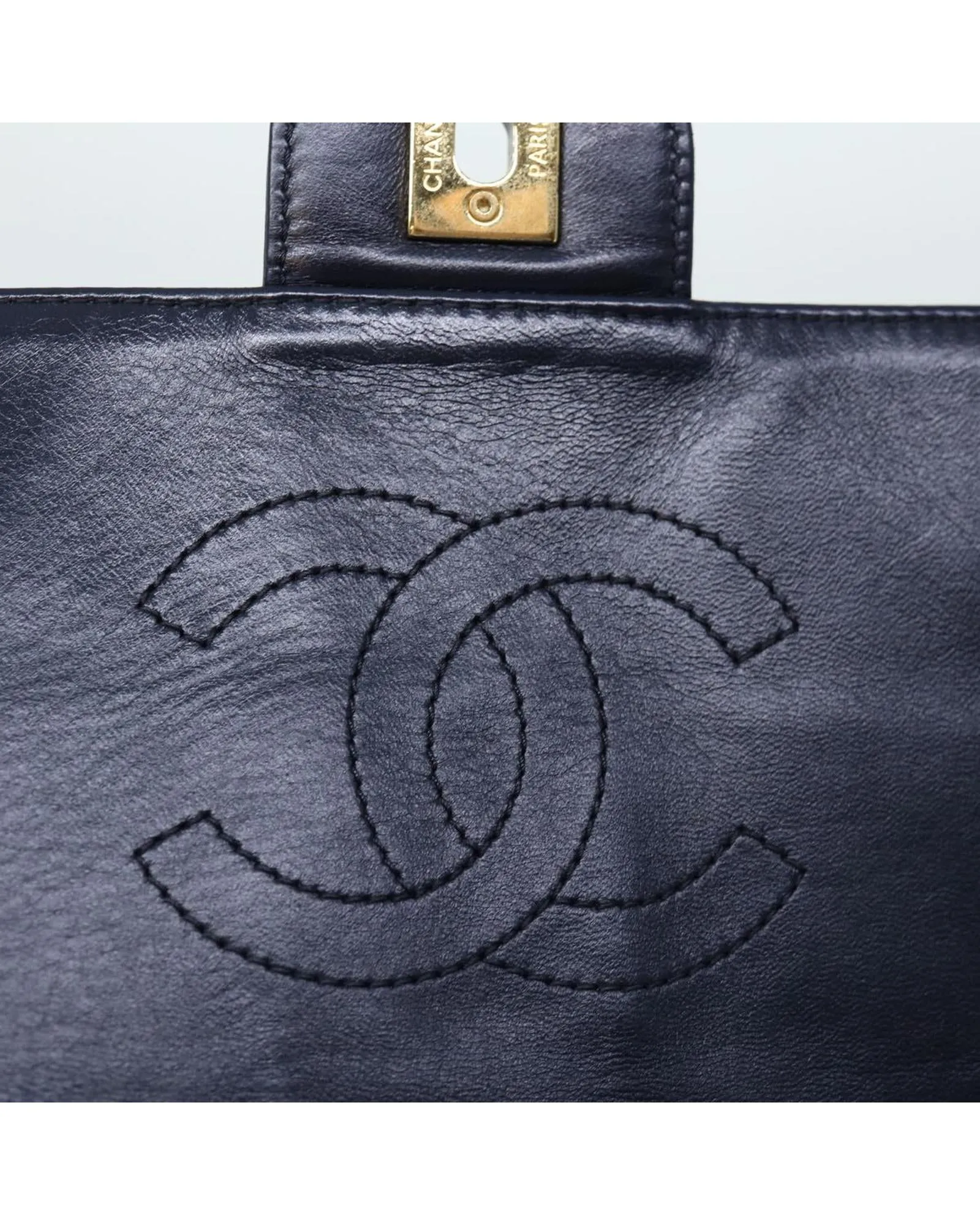 CHANEL Classic Double Flap 2.55 Shoulder Bag Blue Striped Canvas & Leather