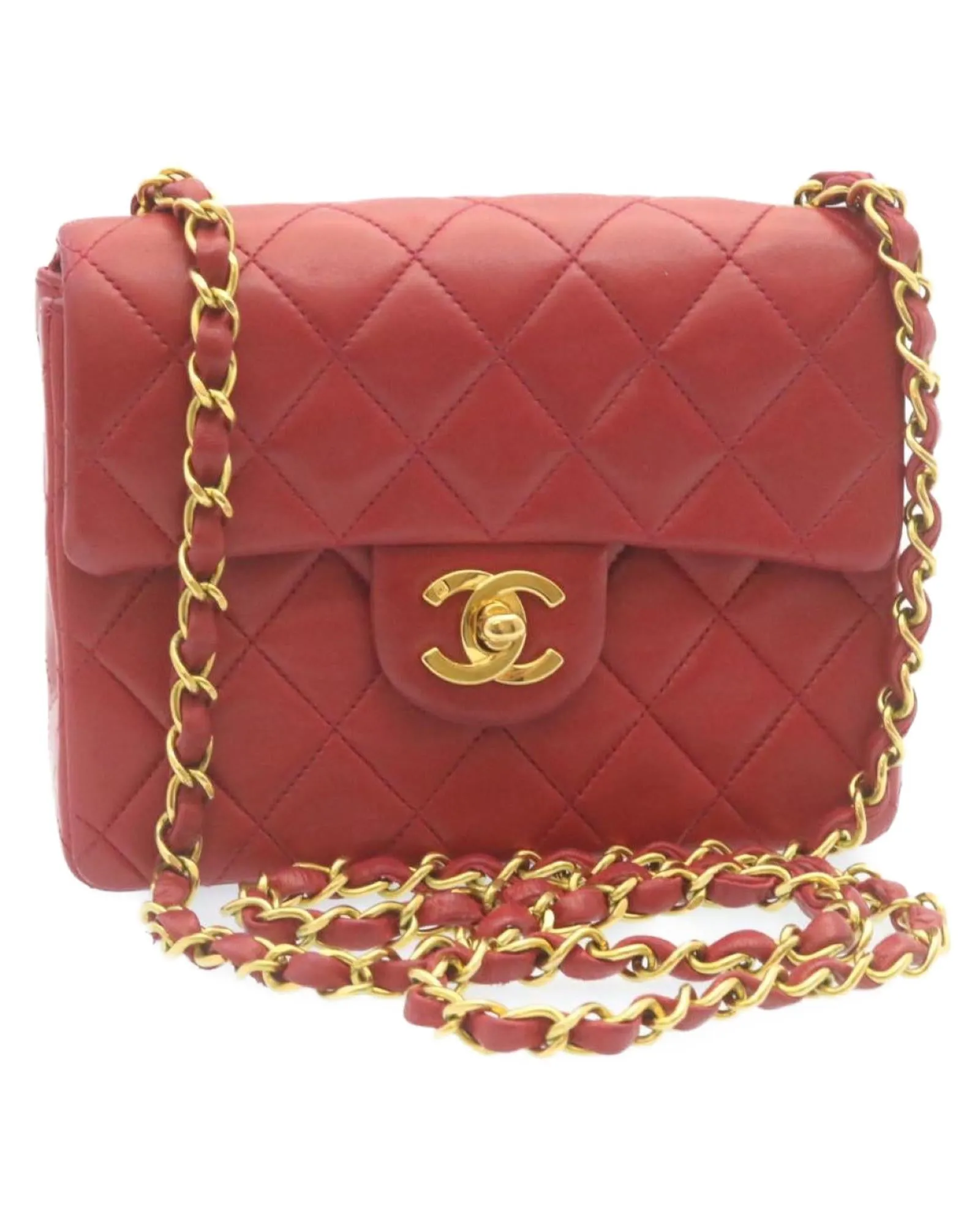 CHANEL Classic Double Flap Mini Bag in Red Lambskin Leather