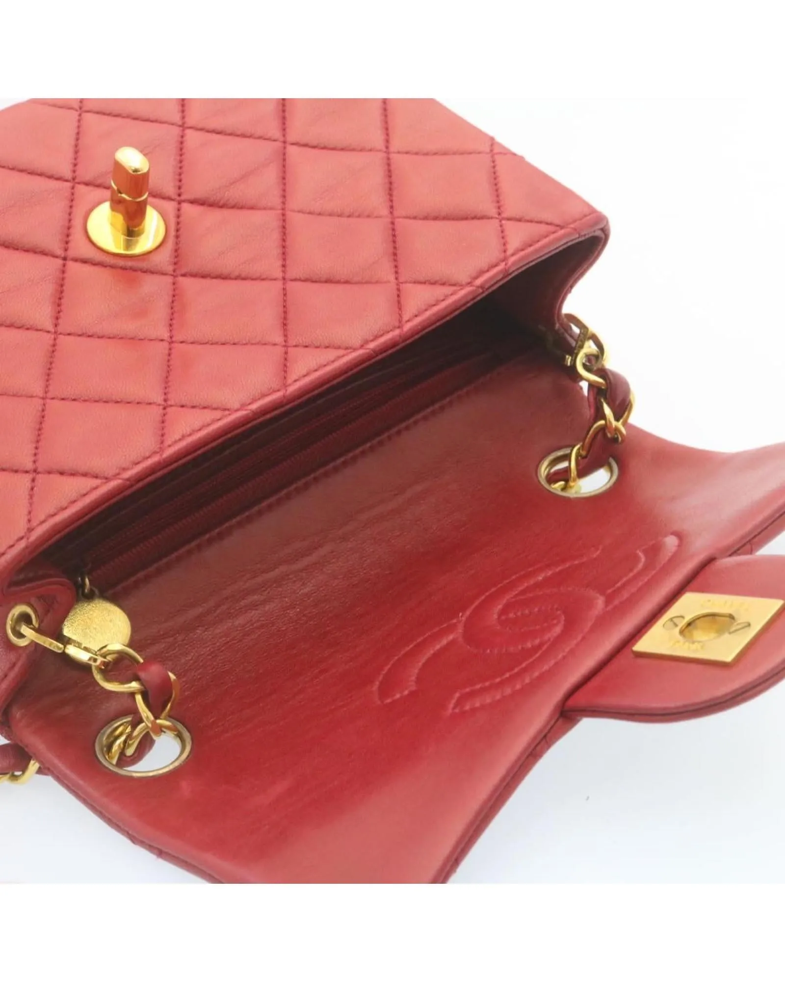 CHANEL Classic Double Flap Mini Bag in Red Lambskin Leather