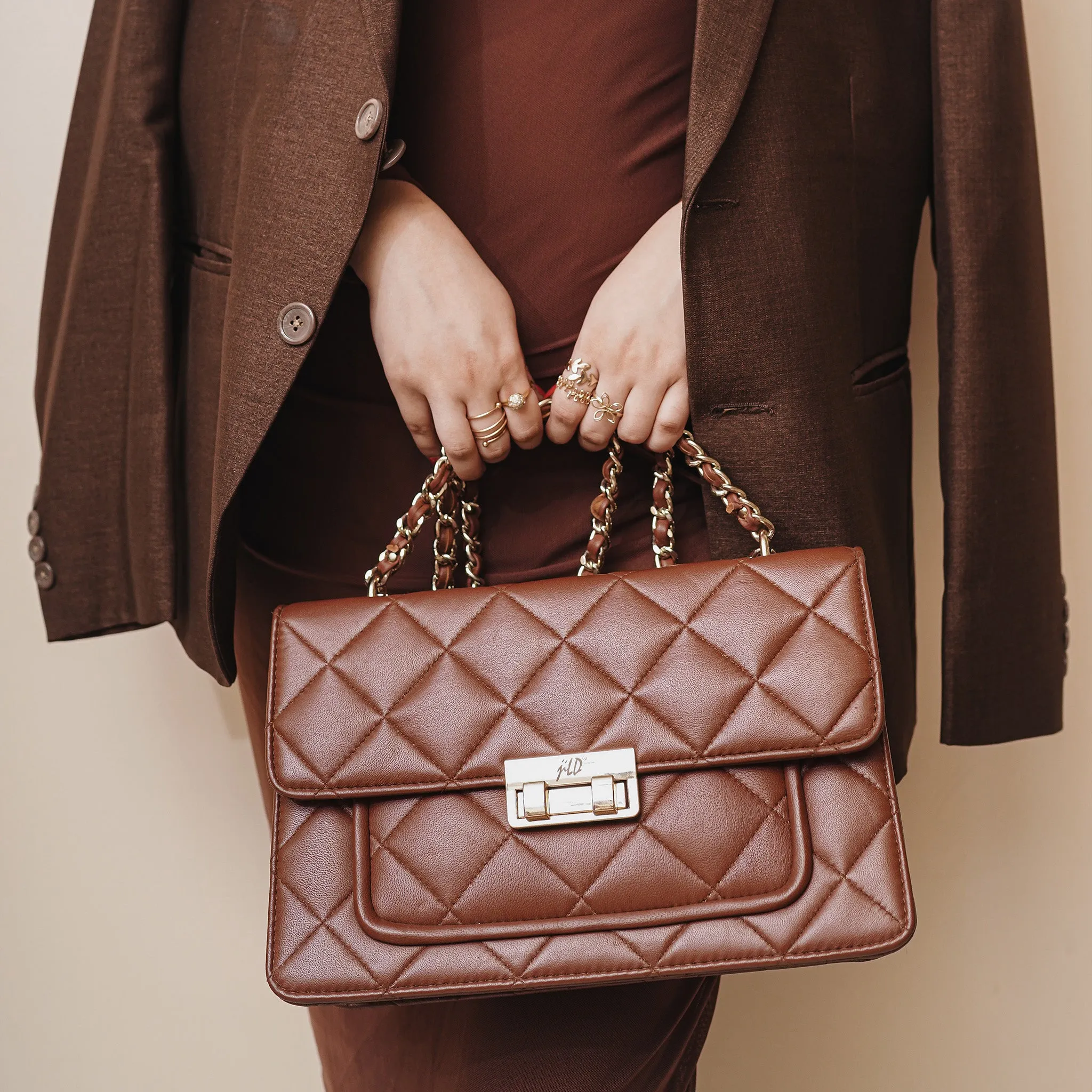 Flora Quilted Crossbody Leather Bag - Tan Brown