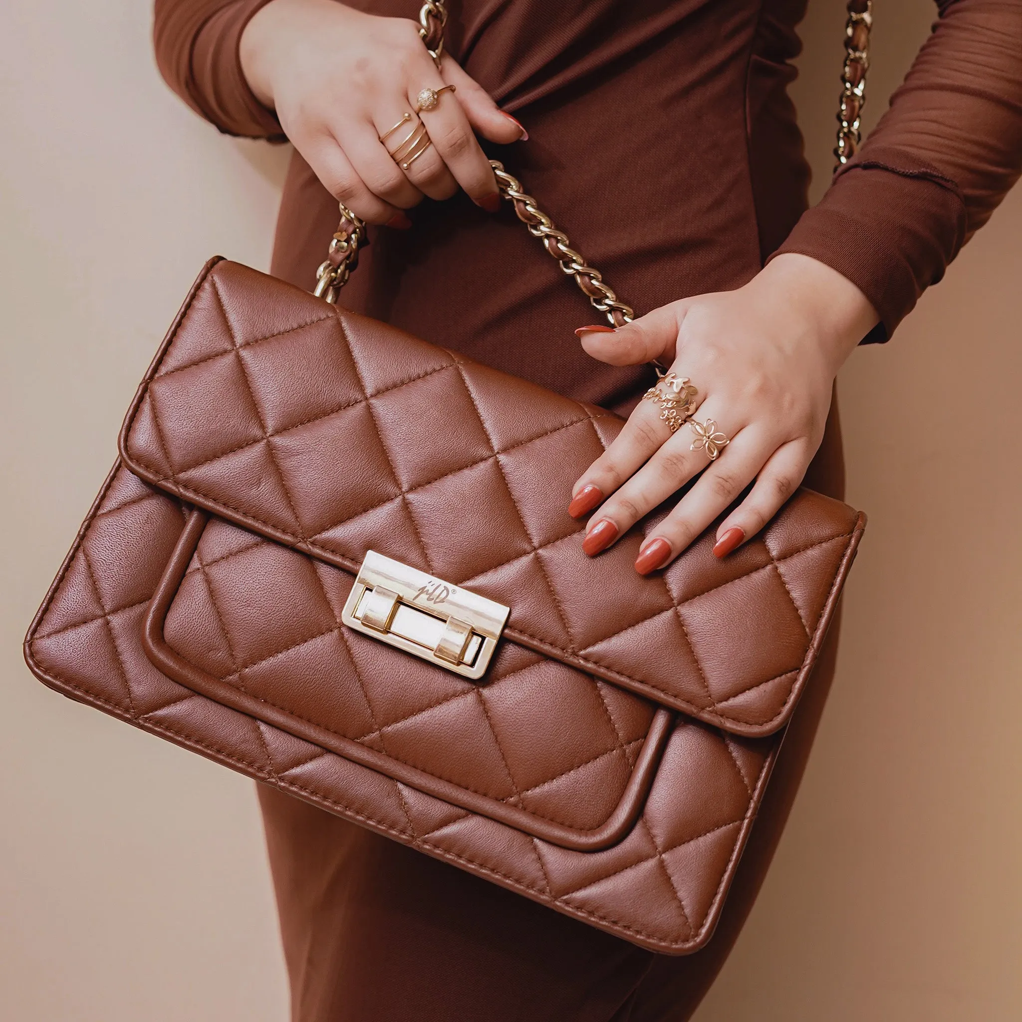 Flora Quilted Crossbody Leather Bag - Tan Brown