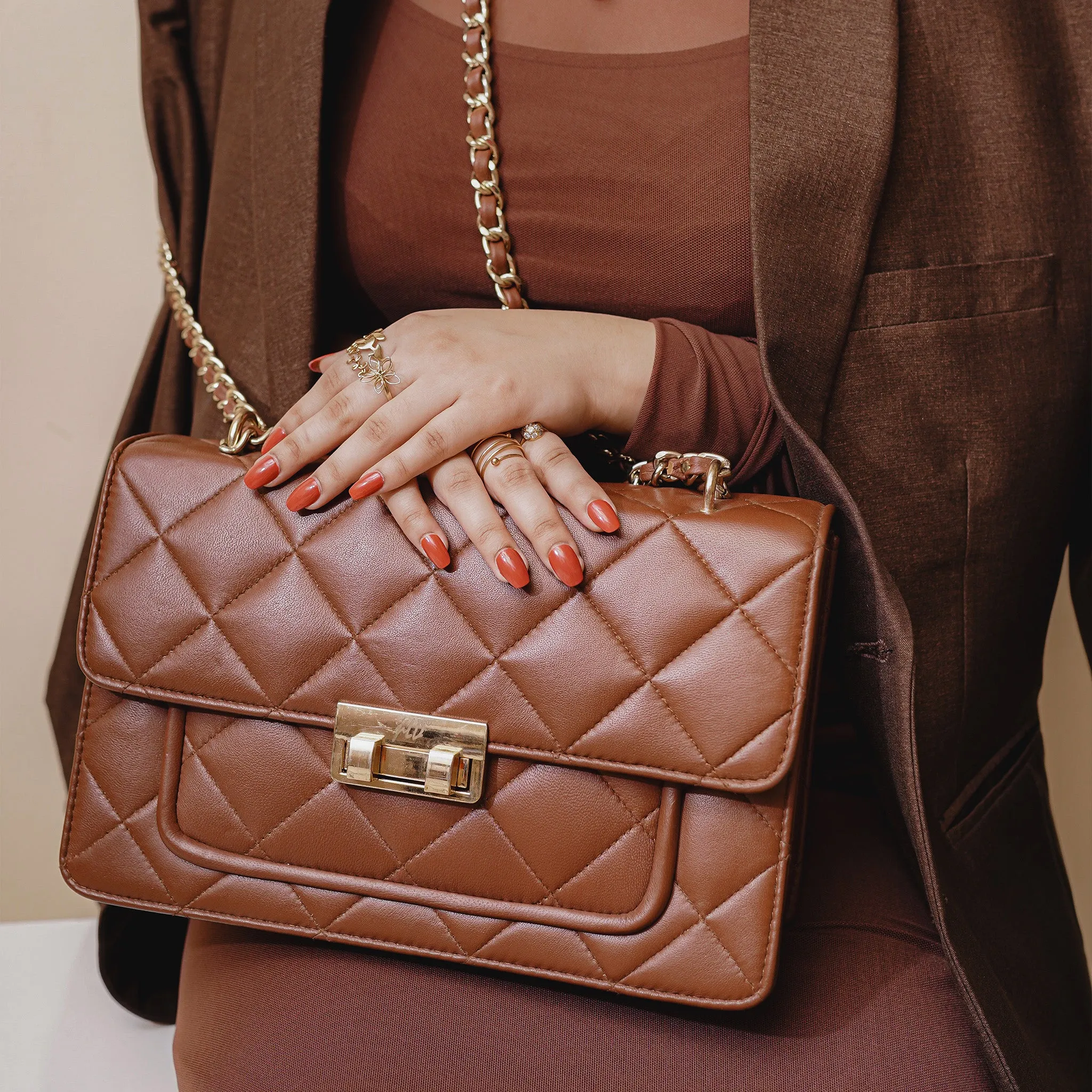 Flora Quilted Crossbody Leather Bag - Tan Brown