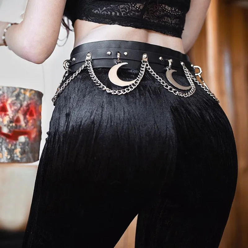 Goth Punk Hip Hop Metal Belt PU Leather Belt Chain Moon Goth Belt (Black)