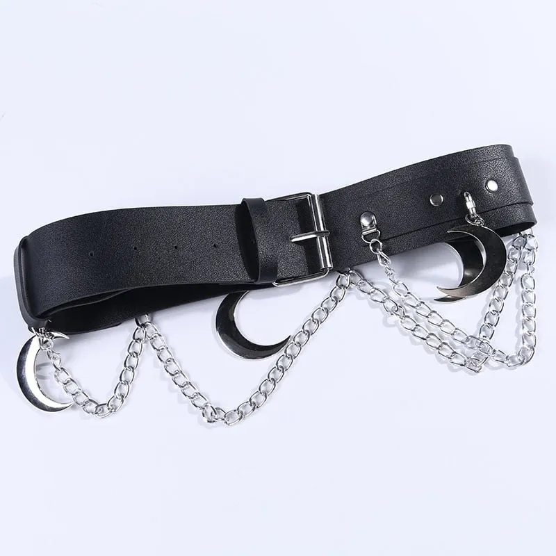 Goth Punk Hip Hop Metal Belt PU Leather Belt Chain Moon Goth Belt (Black)