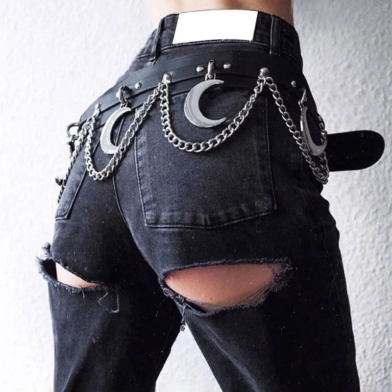 Goth Punk Hip Hop Metal Belt PU Leather Belt Chain Moon Goth Belt (Black)