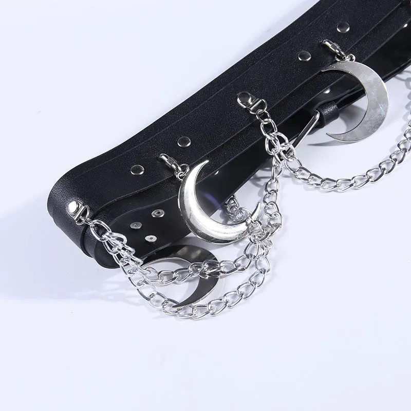 Goth Punk Hip Hop Metal Belt PU Leather Belt Chain Moon Goth Belt (Black)