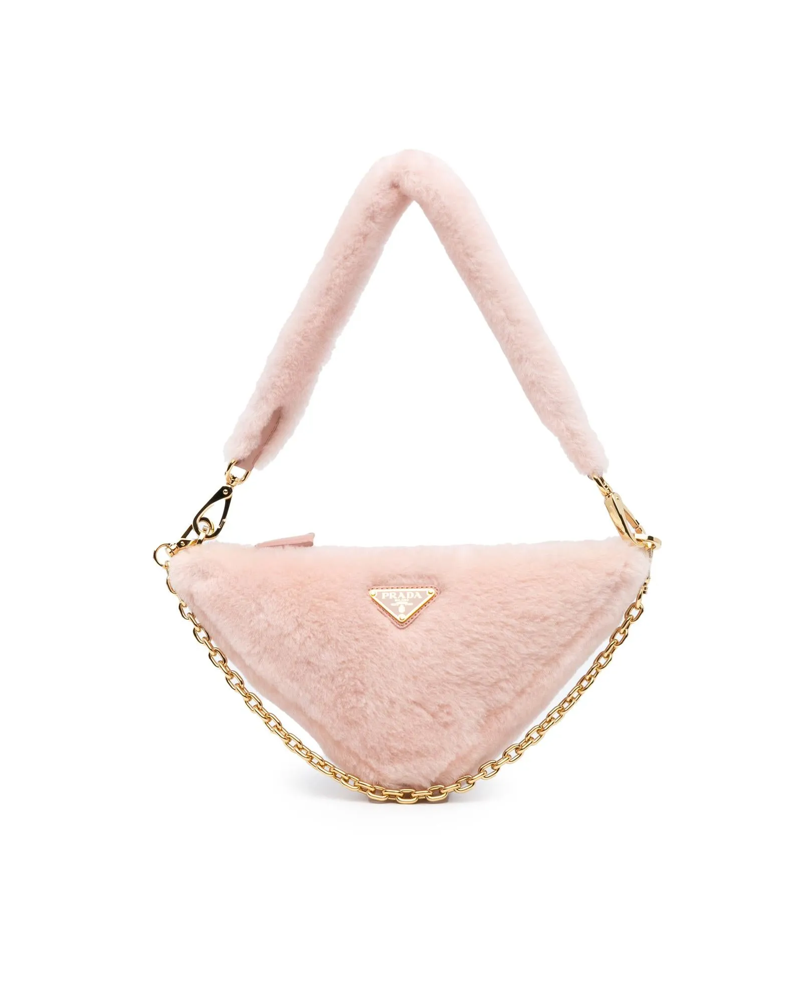 Mini Shearling Triangle Satchel with Detachable Handle and Strap