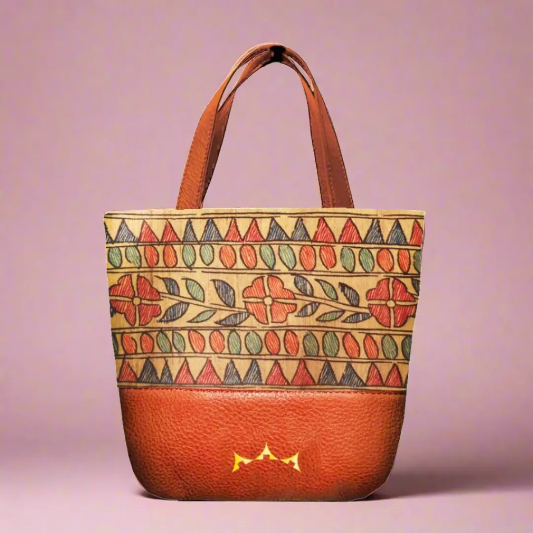 Pushpam Madhubani Mini Tote with Sling - Tan Brown