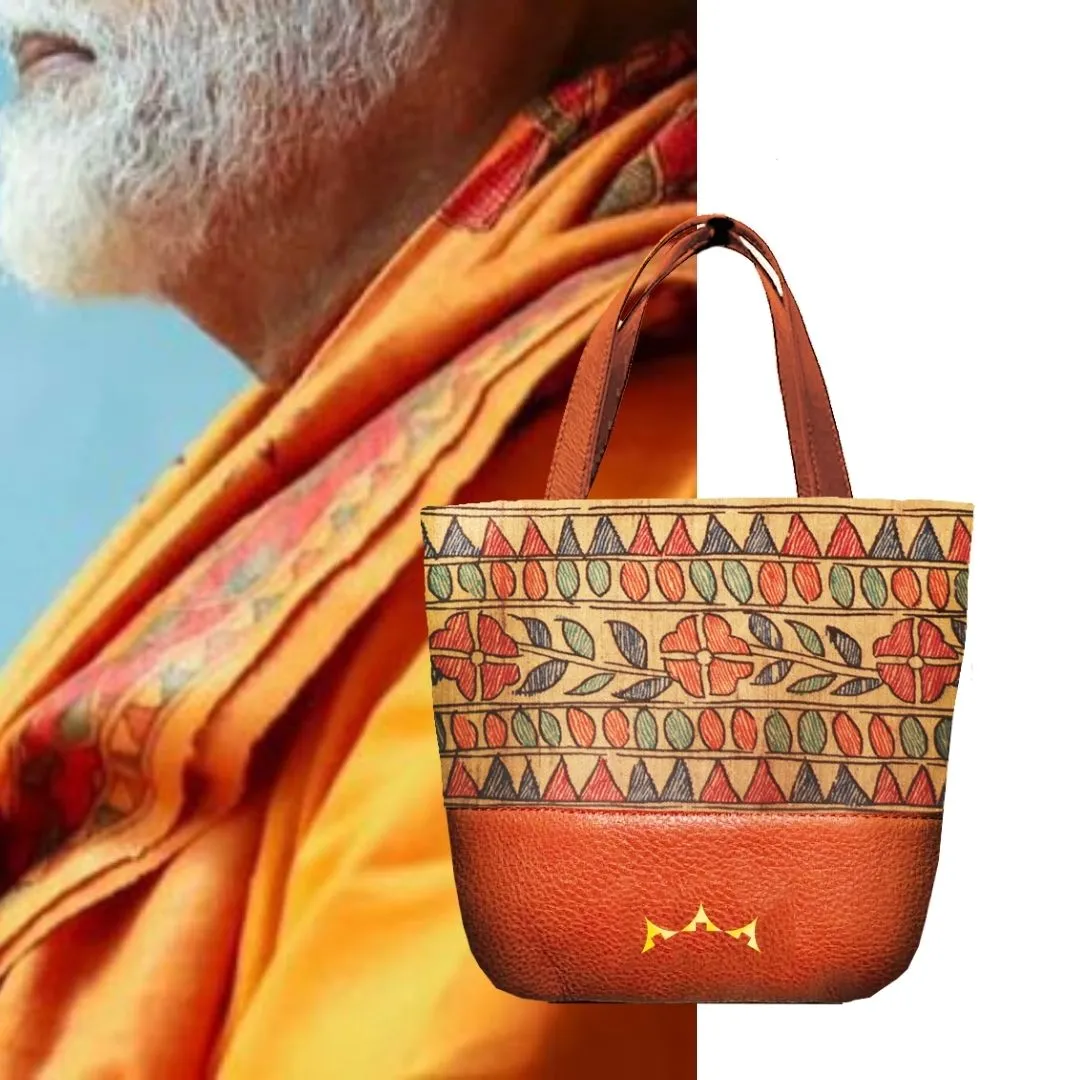 Pushpam Madhubani Mini Tote with Sling - Tan Brown