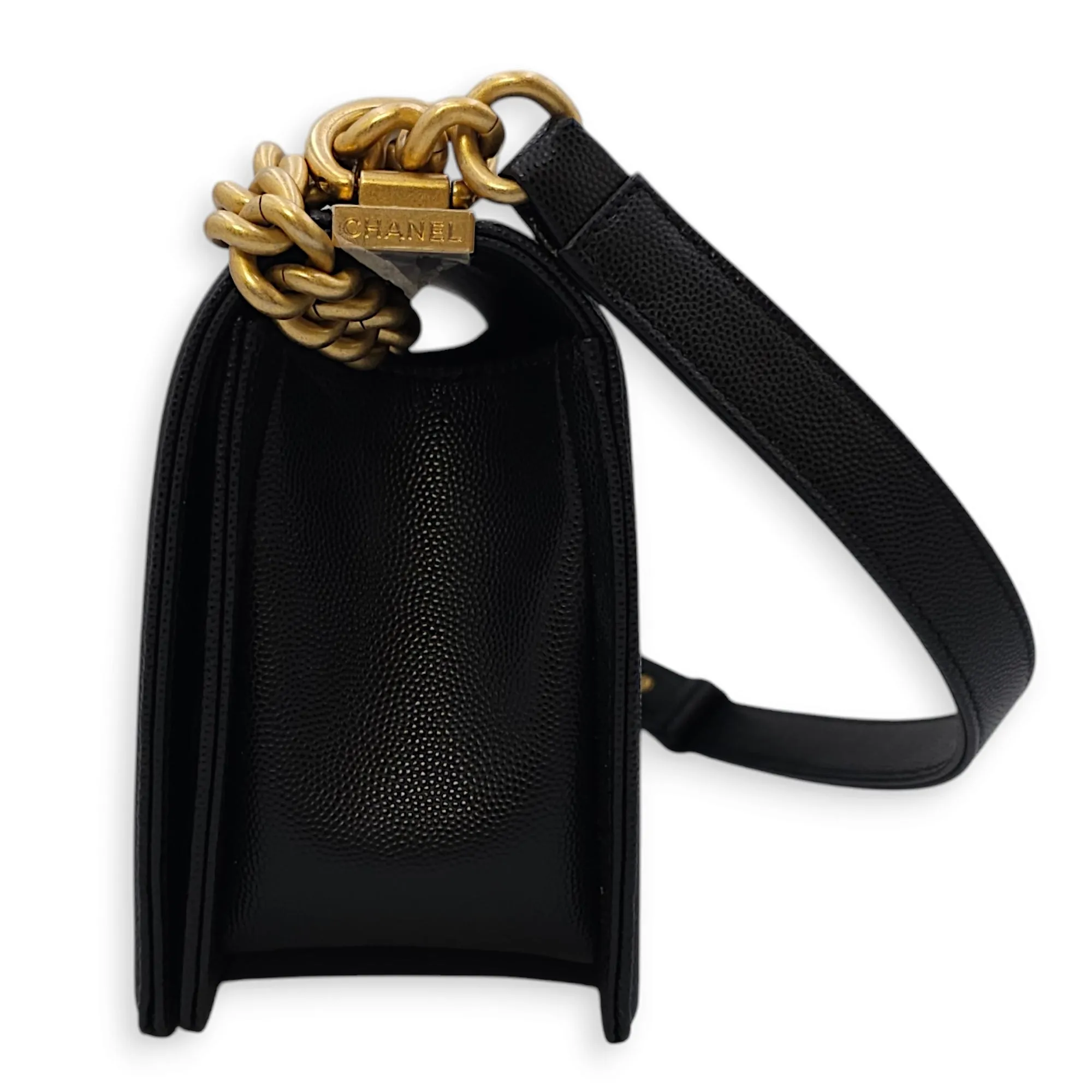 Quilted Boy Medium Medium (25cm) Black Crossbody Bag in Caviar Leather, Gold hardware