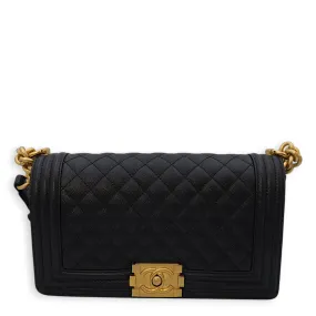 Quilted Boy Medium Medium (25cm) Black Crossbody Bag in Caviar Leather, Gold hardware