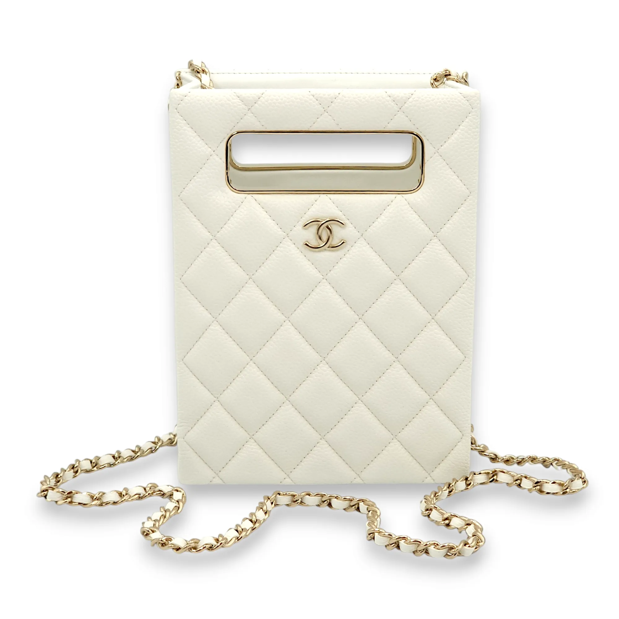 Quilted Vertical Evening Chain White Crossbody Bag in Caviar Leather, Gold hardware