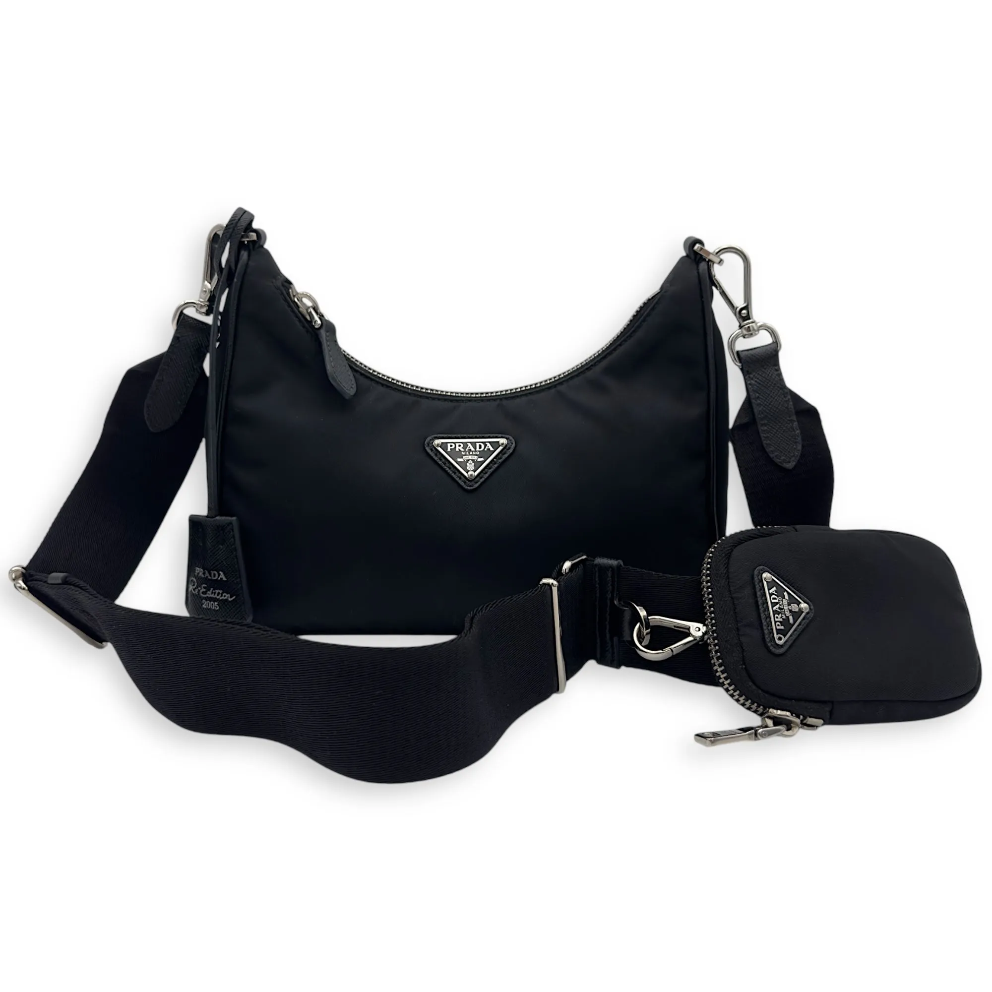 Re-Edition Crossbody Bag Black in Re-Nylon, Silver hardware