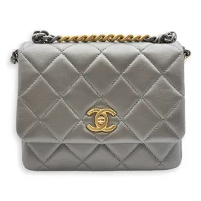 Side Note Metallic Silver Crossbody Bag in Lambskin, Gold/Ruthenium hardware